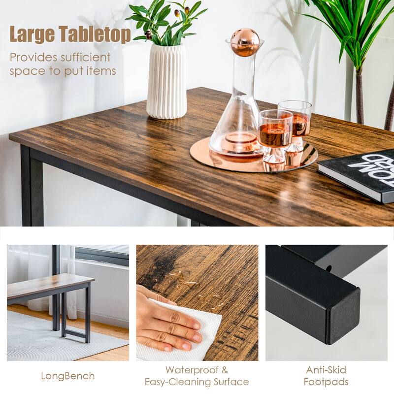Gymax Modern 3 PCS Dining Table Bench Set w/ Metal Frame & Wooden