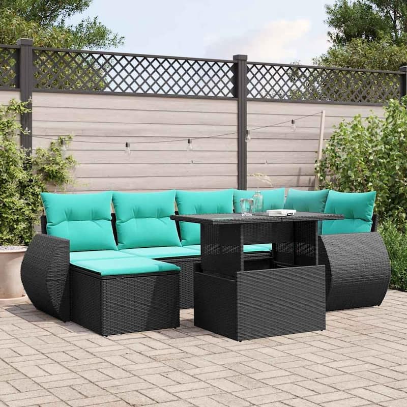 vidaXL Patio Sofa Set with Cushions and Table Outdoor 7 Piece Poly Rattan - Black without storage