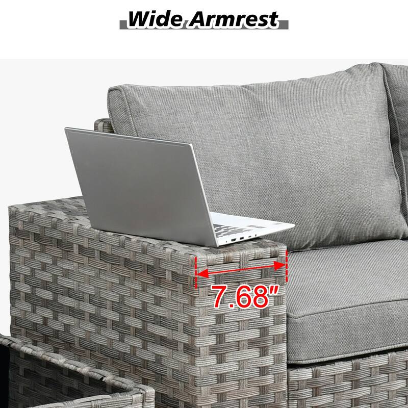 HOOOWOOO 9-piece Wicker Outdoor Modular Wide Armrest Sectional Set Fire Pit Set