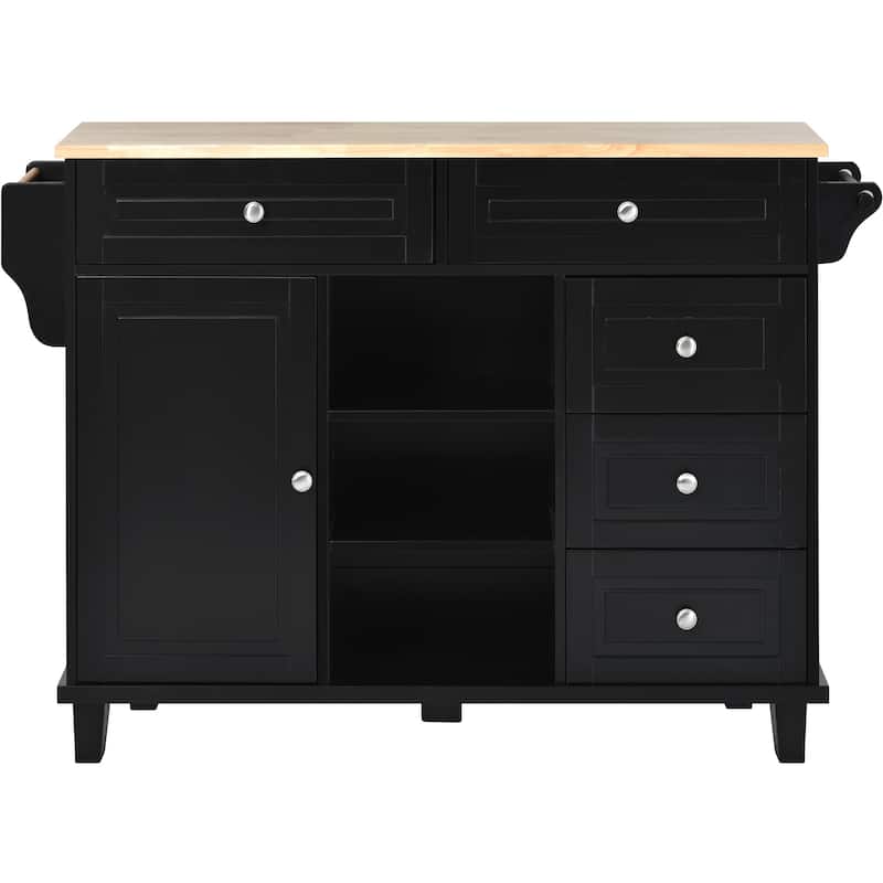 Kitchen Island with on Locking Wheels, Rolling Cart with Rubber Wood Desktop, Mobile Island with 3 Open Shelves & 5 Drawers