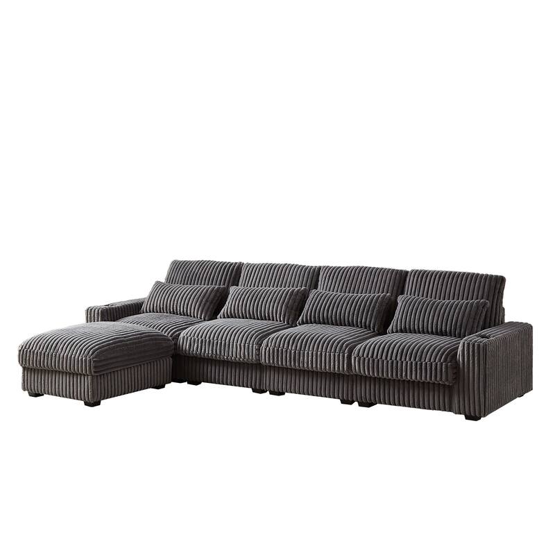 Modern 126-inch Corduroy Sofa with 4 Cushions, Movable Footrest, USB Ports, and Cup Holders