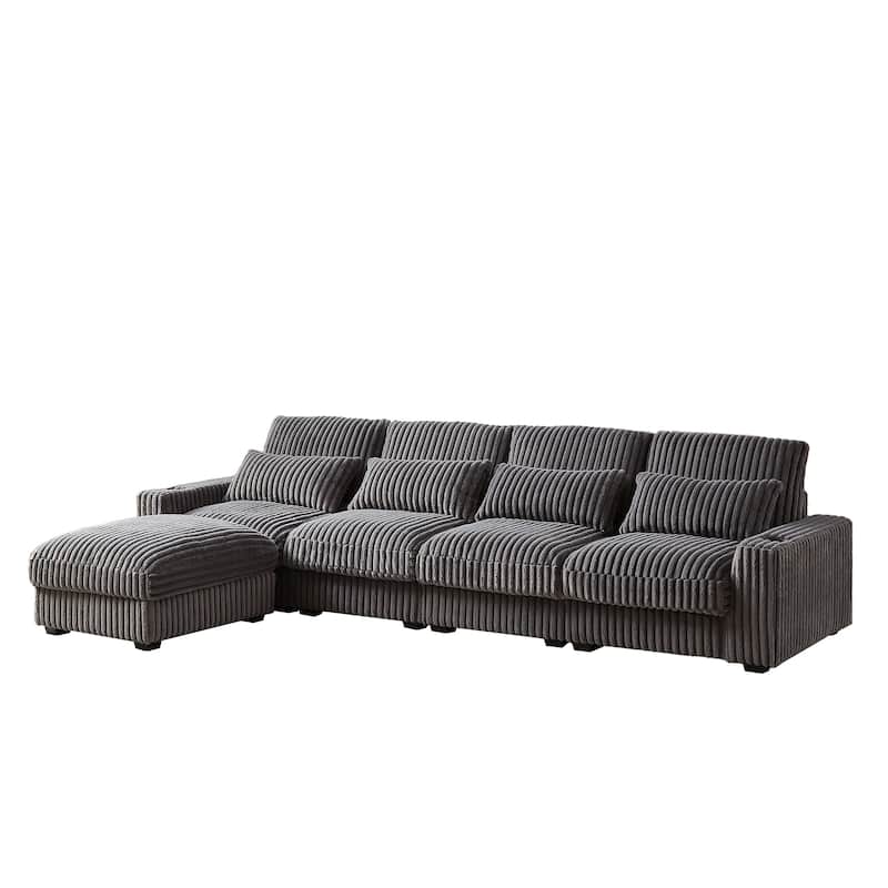 Super Large 126-Inch Corduroy L-Shaped Sofa with Cup Holders, USB Port, Movable Footrest, and 8 Cushions.