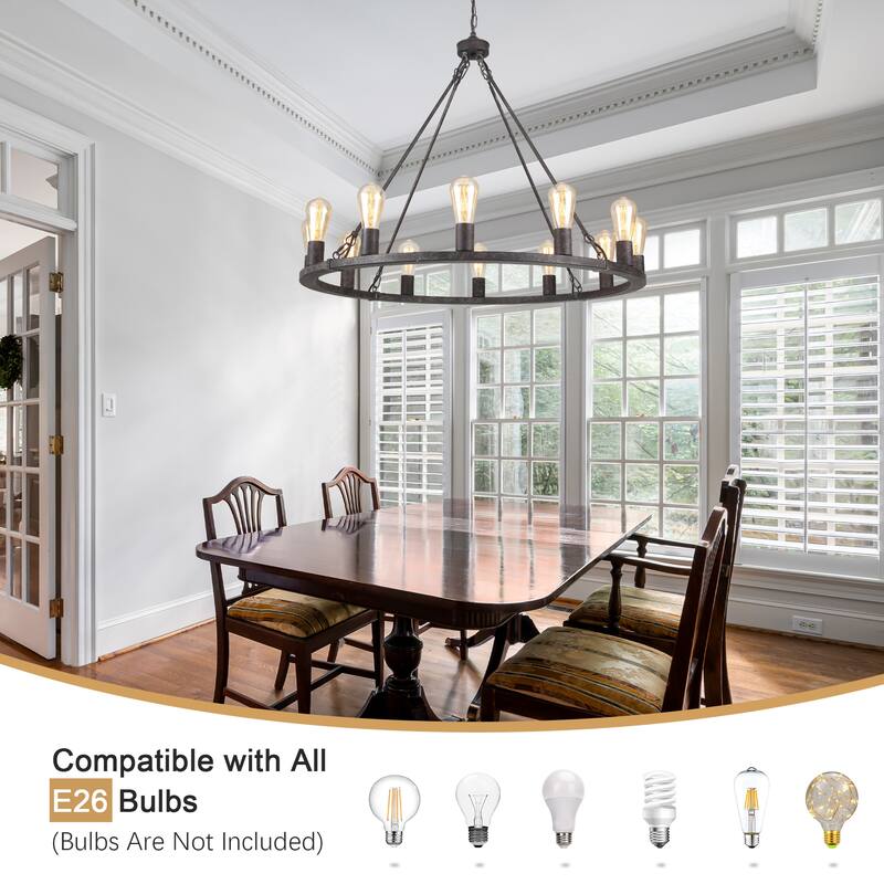 12-Light Circel Candlestick Wagon Wheel Chandelier Hanging Linear Chandelier Lighting for Kitchen Island