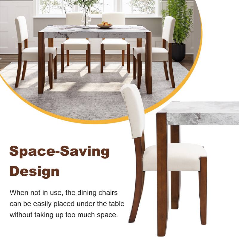 5-Piece 46" Faux Marble Dining Table Set with 4 Upholstered Chairs, Modern Rubberwood Dinette Set for Kitchen or Dining Room