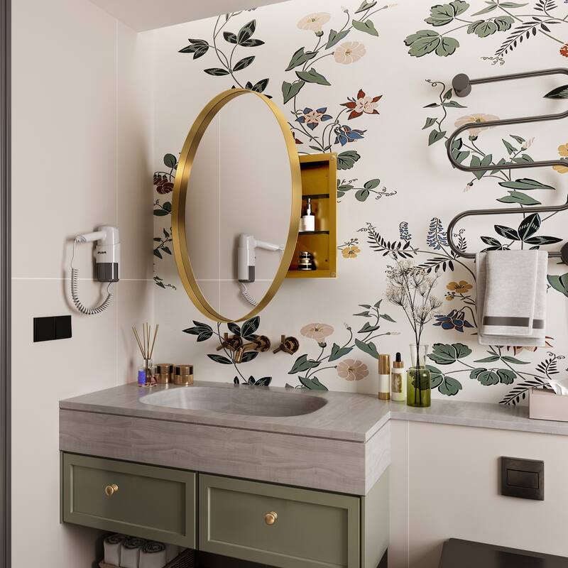 31.5 Inch Surface Mount Round Metal Framed Medicine Cabinet with Mirror and Adjustable Shelves Black Wall Mirror with Storage