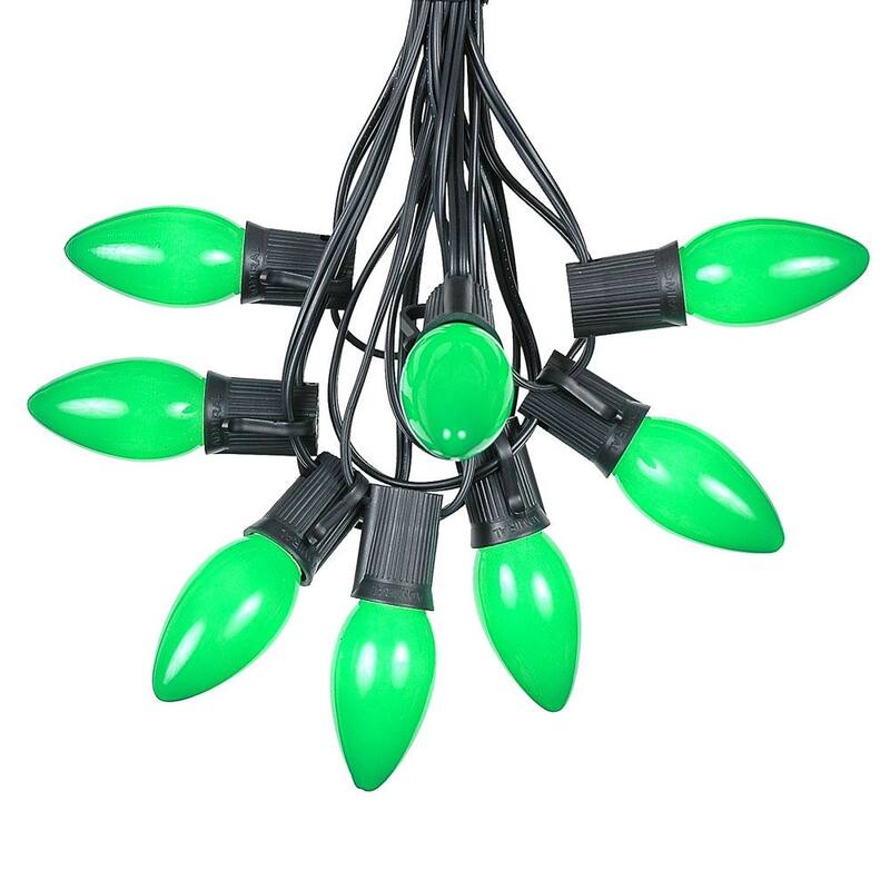 25 Foot C9 Ceramic Christmas Light Set, Hanging String Lights, Black Wire - Green