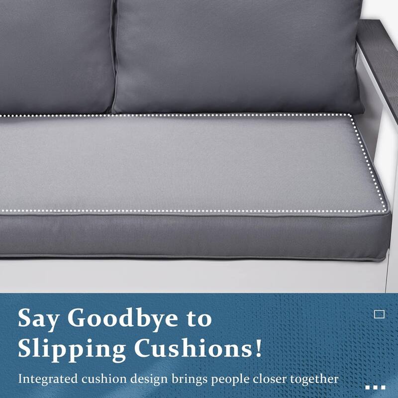 52" Aluminum Patio Loveseat with Wood Armrests & Angled Backrest - White & Light Grey