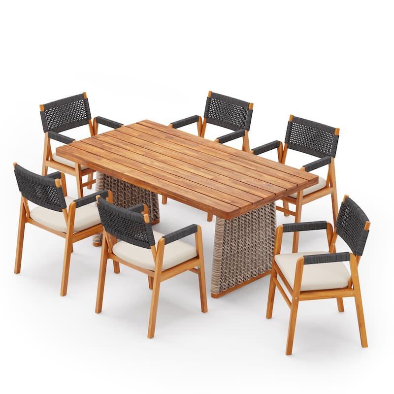 Christopher Knight Home - Kael Outdoor Acacia Wood Dining Set with Rope-Woven Armchairs and Cushions