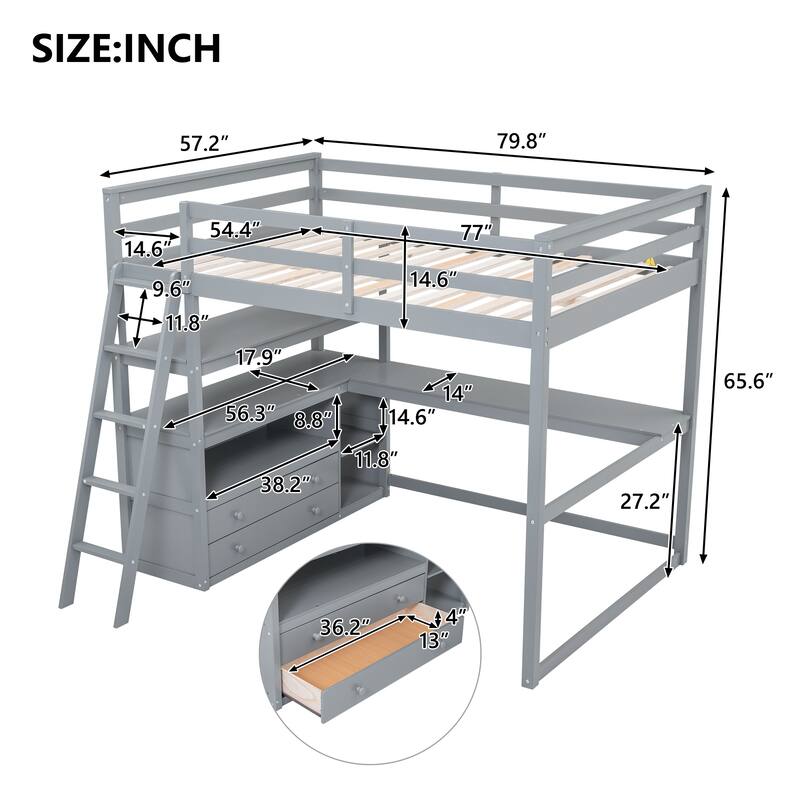 Full Size Loft Bed with Desk and Shelves, Two Built-in Drawers