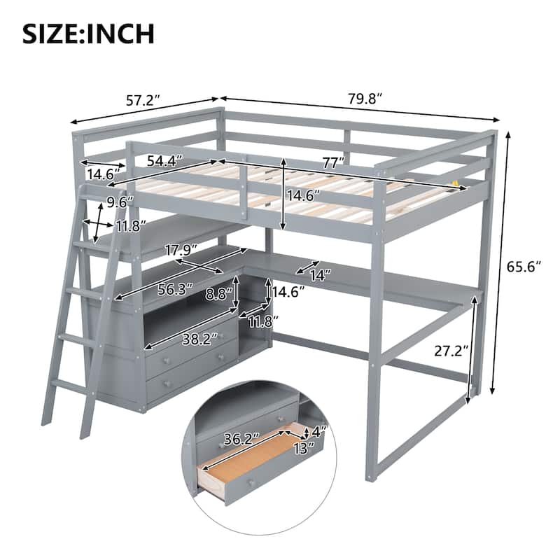 Full Size Loft Bed with Desk and Shelves,Two Built-in Drawers,Gray