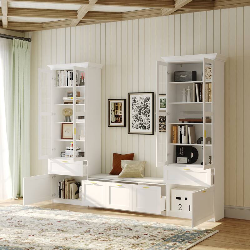 Display Cabinet Set w/Tempered Glass Doors and Storage Bench Bookshelves Bookcase
