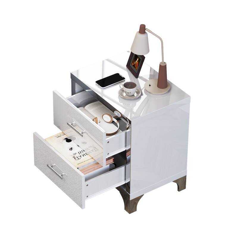 High Gloss Mirrored Nightstand with 2 Drawers,Modern End Table with Drawers,Mirrored High Gloss Wood Nightstand Metal Handle