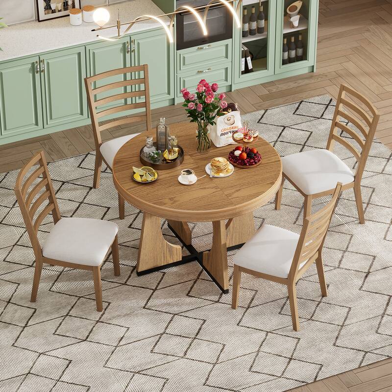 5 Piece Retro Dining Table Set, Extendable Round Dining Table Set - Natural
