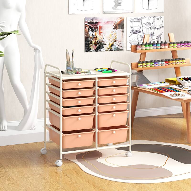 Gymax 12-Drawer Rolling Storage Cart w/ 2 Sizes Plastic Drawers Skin