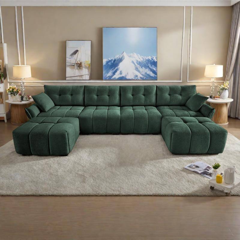 141.7" Chenille 4-Seater Sofa Set with 2 Ottomans, Solid Wood Frame and High-Resilience Cushions - Green