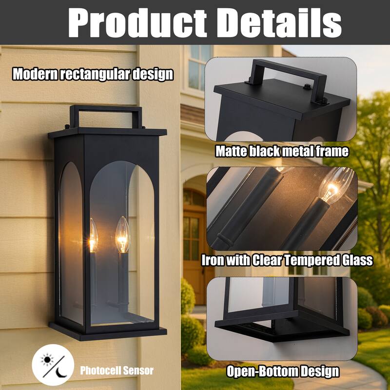 2-Light H19” Outdoor Wall Lantern Large Black Exterior Wall Light with Clear Tempered Glass for Front Door, Garage - W8‘’
