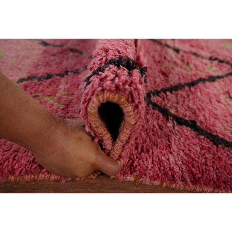 Pink Trellis Plush Moroccan Area Rug Handmade Wool Carpet - 5'3" x 8'10"