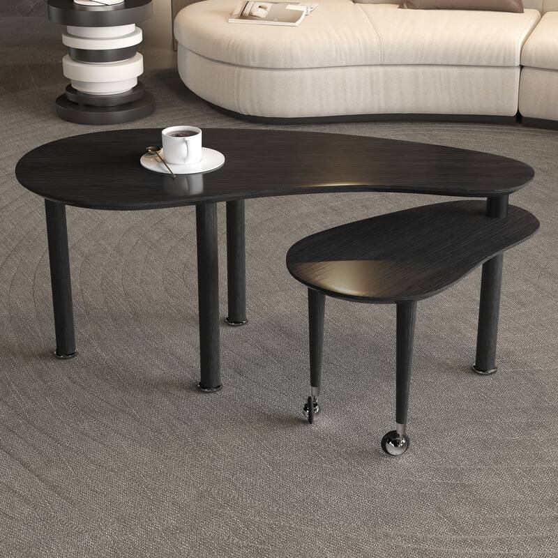 GDFStudio - Eulalia 360 Degree Rotating Nesting Coffee Table Set with Solid Rubberwood Legs - Black