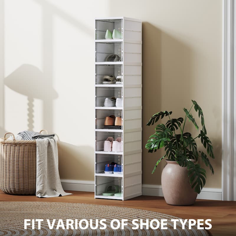White PP ABS 8-Tier Foldable Shoe Organizer with Clear Doors - 10.2" W x 13.8" D x 55.1" H