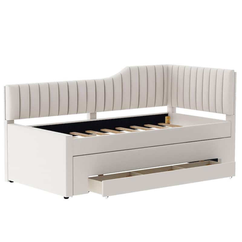 Twin Size Daybed Bed Frame with Linen Upholstered Backrest and Three Drawers, Pull-out Trundle Bed w/Slatted Support