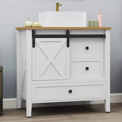 Moasis Farmhouse Bathroom Vanity Cabinet with Ceramic Sink Basin and Sliding-Door Cabinet & 3 Drawers