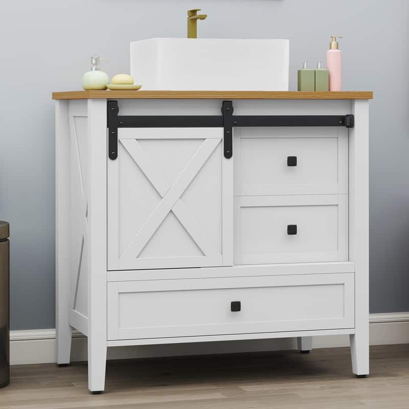 Moasis Farmhouse Bathroom Vanity Cabinet with Ceramic Sink Basin and Sliding-Door Cabinet & 3 Drawers