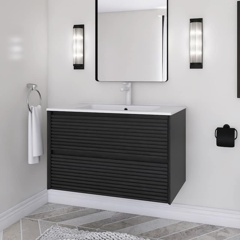 Wall-Mounted Bathroom Vanity with White Ceramic Sink - 29.92'' x 18.31'' x 20.4'' - Dark Oak