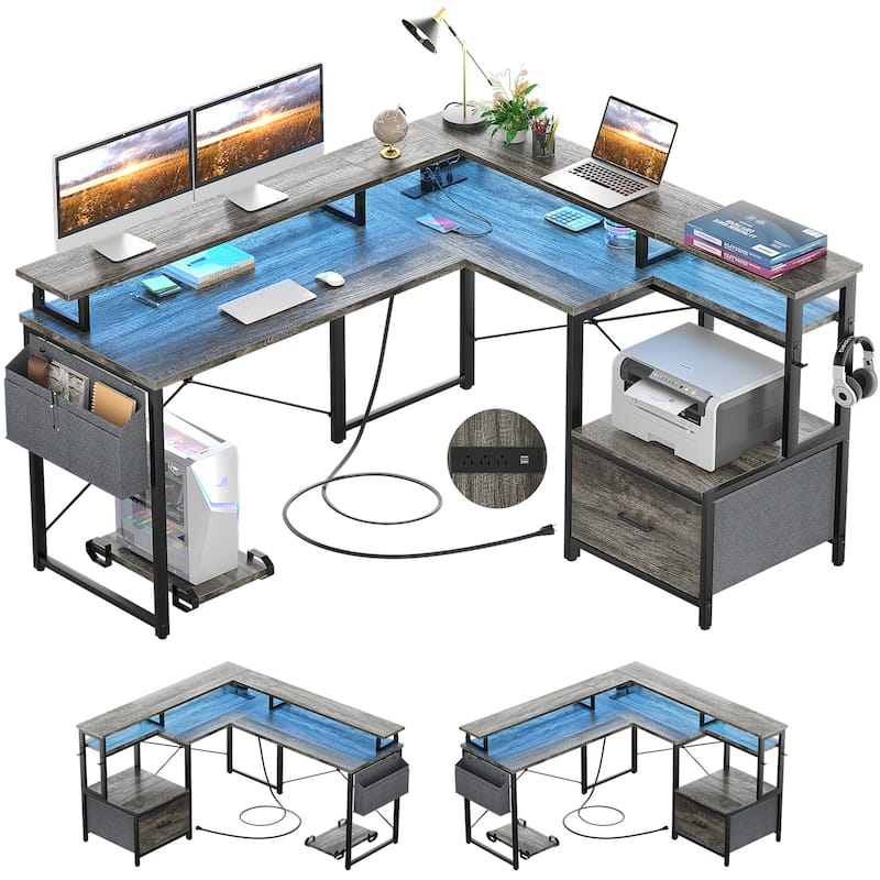 L Shaped Desk with File Drawer and Printer Stand, Reversible Corner Computer Desk with Power Outlet and LED Strip