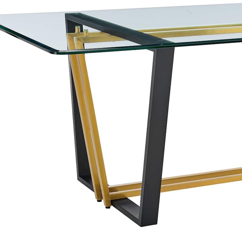 Danie Dining Table, 72 Inch Glass Top, Angular Base, Gold, Black Iron - Gold, Black, Clear