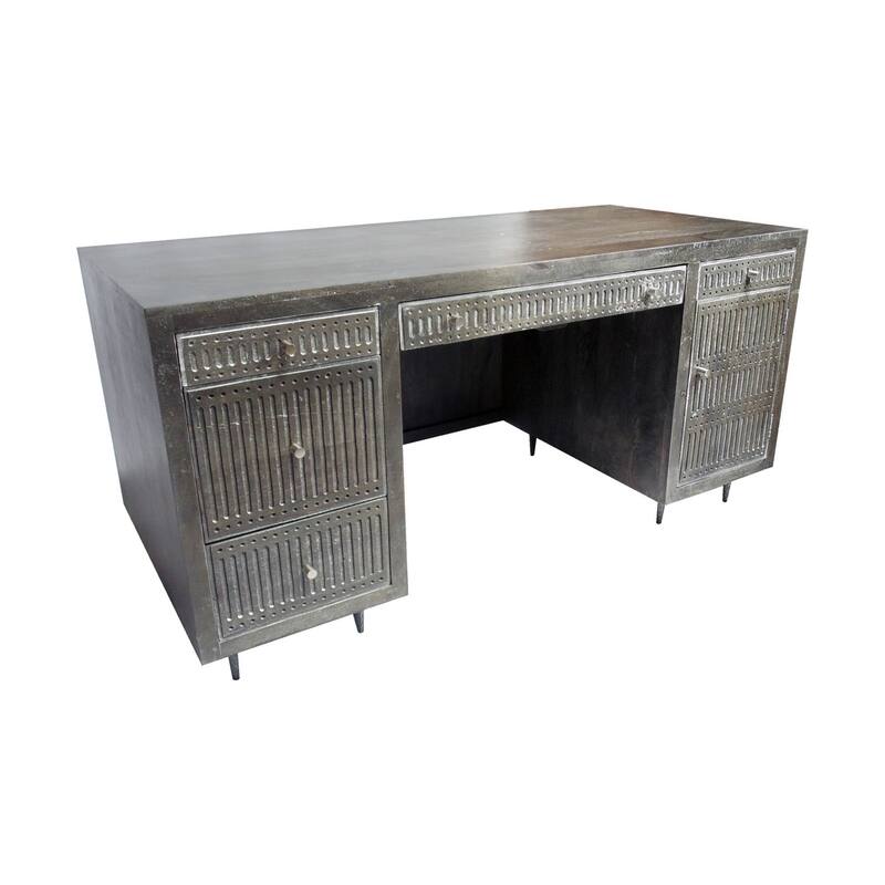 HomeRoots 64" Brown and Silver Solid Wood Executive Desk With Five Drawers