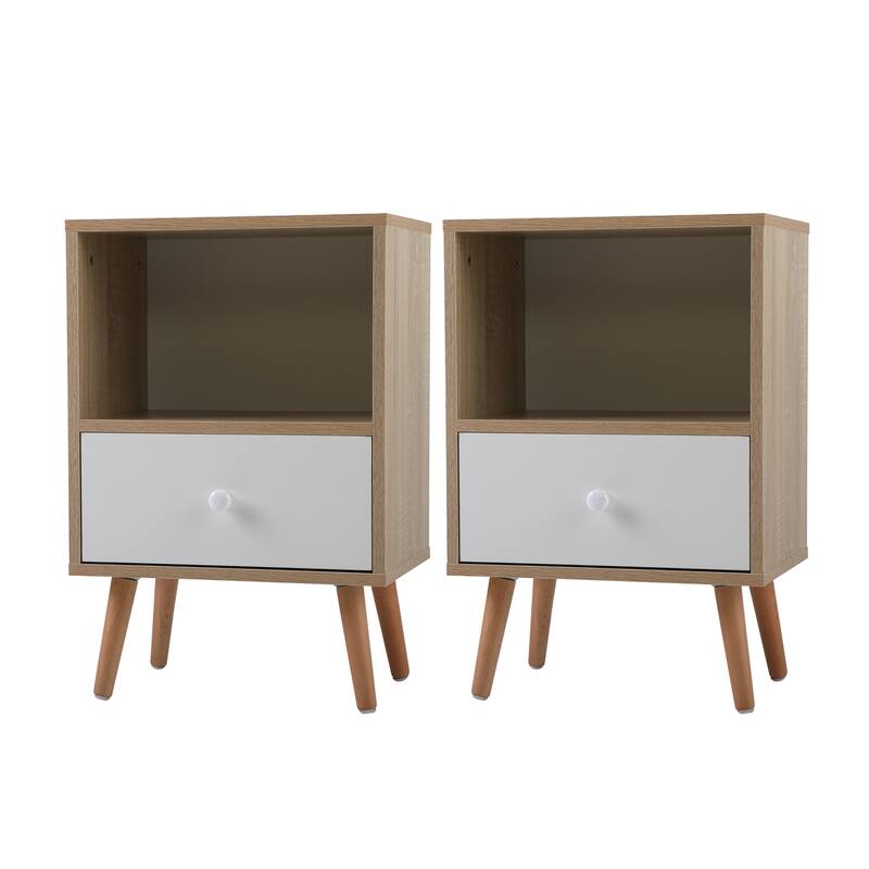 Wood Nightstand with Drawer and Shelf Set of 2
