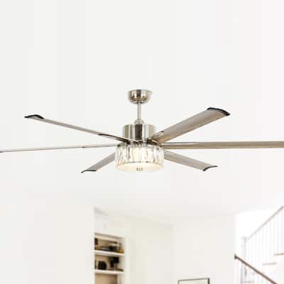 Brushed Nickel Metal 65" Crystal Ceiling Fan with Light and Remote