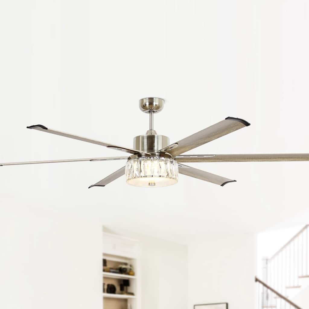 Brushed Nickel Metal 65" Crystal Ceiling Fan with Light and Remote
