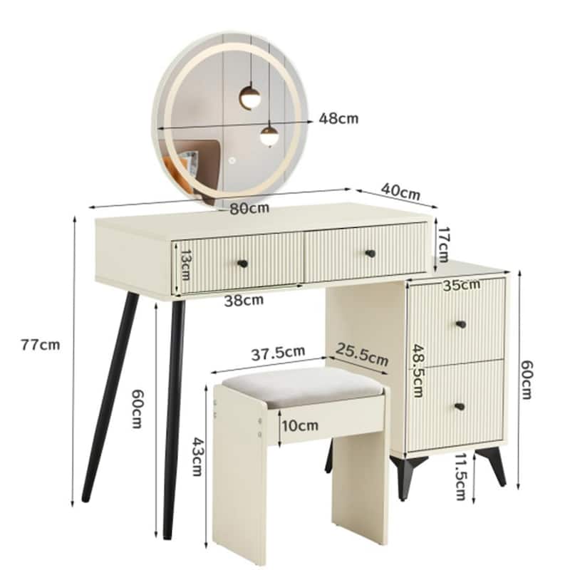 Fluted Makeup Vanity Desk with Round LED Mirror and Lights