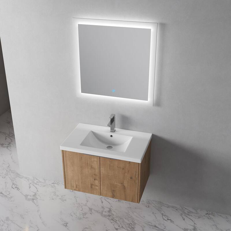 Bath Vanity Set in Imitative Oak with Resin Vanity Top in White with White Basin