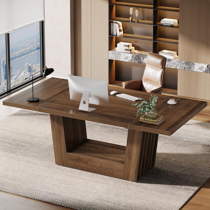 64-Inch Brown MDF Executive Desk, Large Computer Desk with Sturdy Base for Home Office