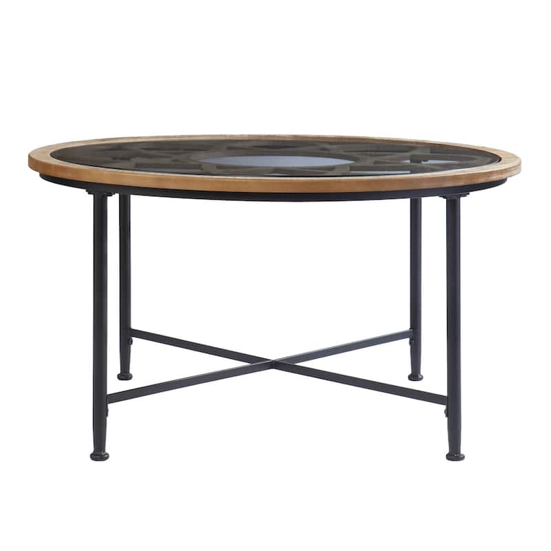 33" Round Coffee Table with Floral Glass Top for Living Room Decor - 32.5” x 32.5” x 18” - Brown-Black