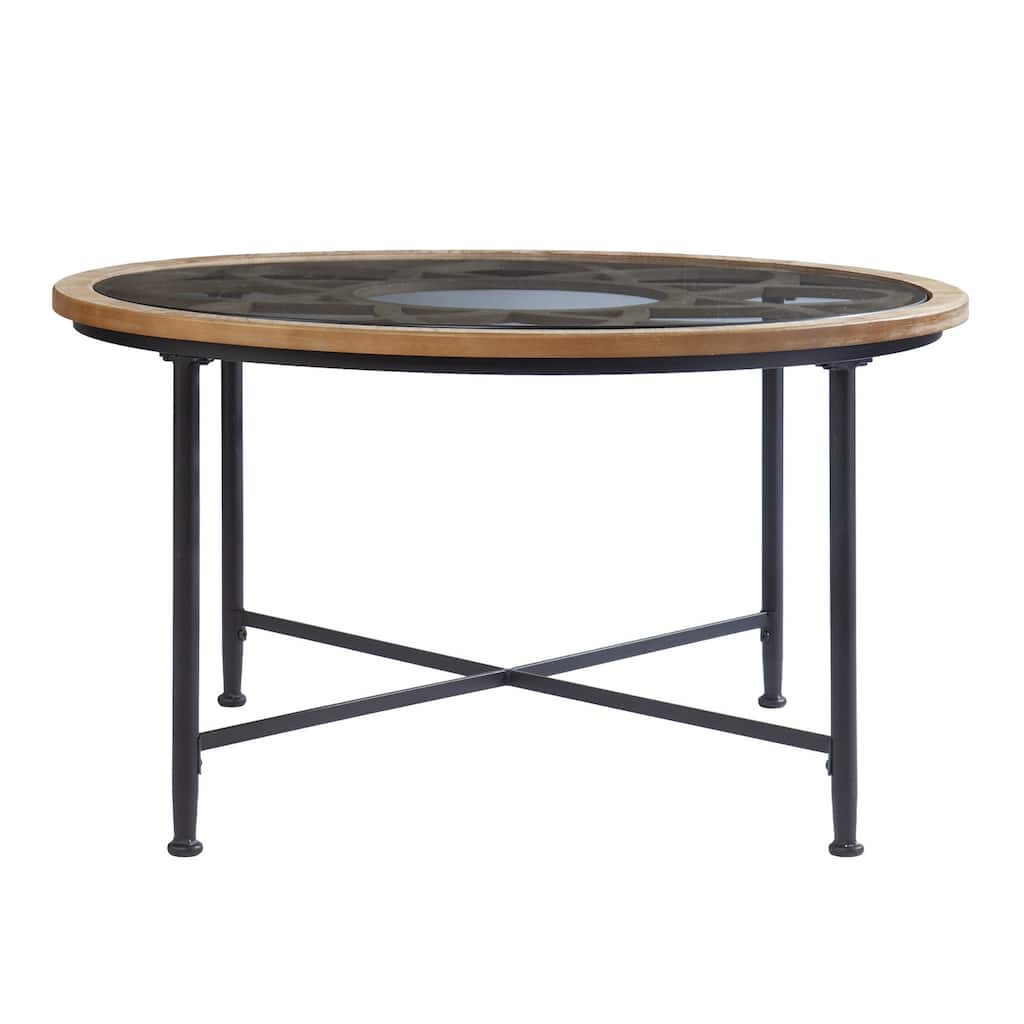 33" Round Coffee Table with Floral Glass Top for Living Room Decor - 32.5” x 32.5” x 18”
