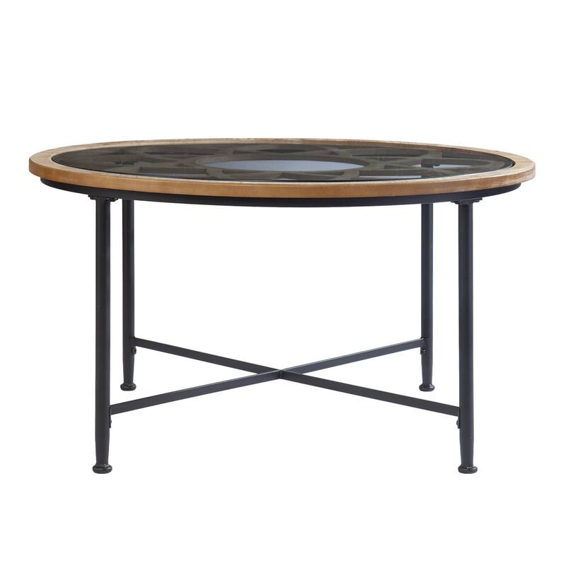 HomeRoots 33" Floral Design Glass Top Round Coffee Table - 18" H x 32.5" W x 32.5" D