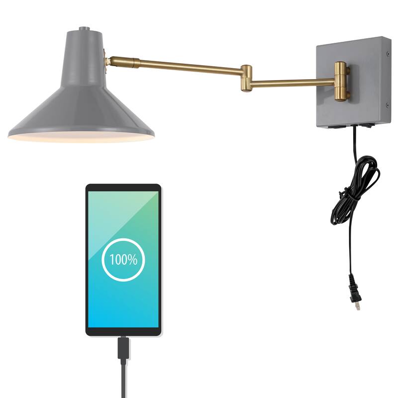 Max Swing Arm 1-Light Modern Midcentury Iron USB Charging Port LED Sconce, by JONATHAN Y