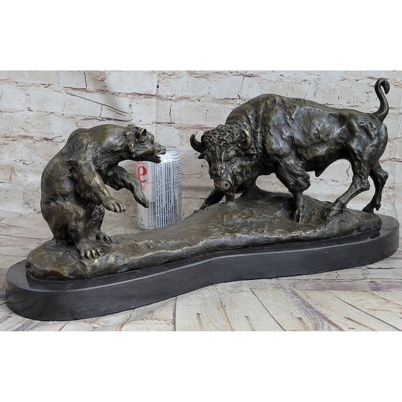 Bear Vs. American Buffalo Bison Bronze Metal Statue Sculpture On Marble Base