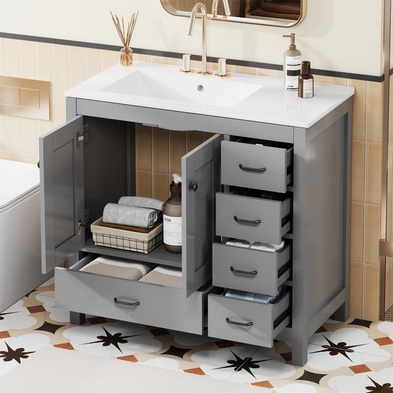 36'' Bathroom Vanity with Ceramic Sink Combo, Modern Bathroom Vanity Cabinet with 2 Soft Close Doors and 5 Storage Drawers