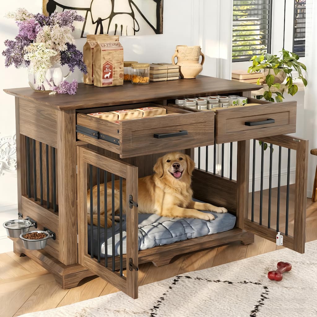 Roomfitters 44-Inch Decorative Dog Crate Furniture Indoor Wooden Kennel End Table with 360 Rotating Bowls