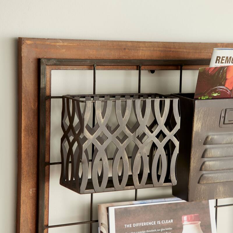 Brown Metal 1 Slot and 5 Baskets Magazine Rack Holder with Suspended Baskets and Label Slot