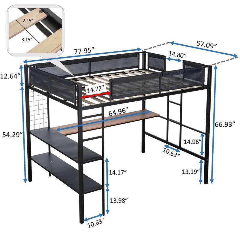 Metal Full Size Loft Bed with Desk & Shelves/Sturdy Metal Bed Frame/ Noise-free Wood Slats/Comfortable Textilene Guardrail
