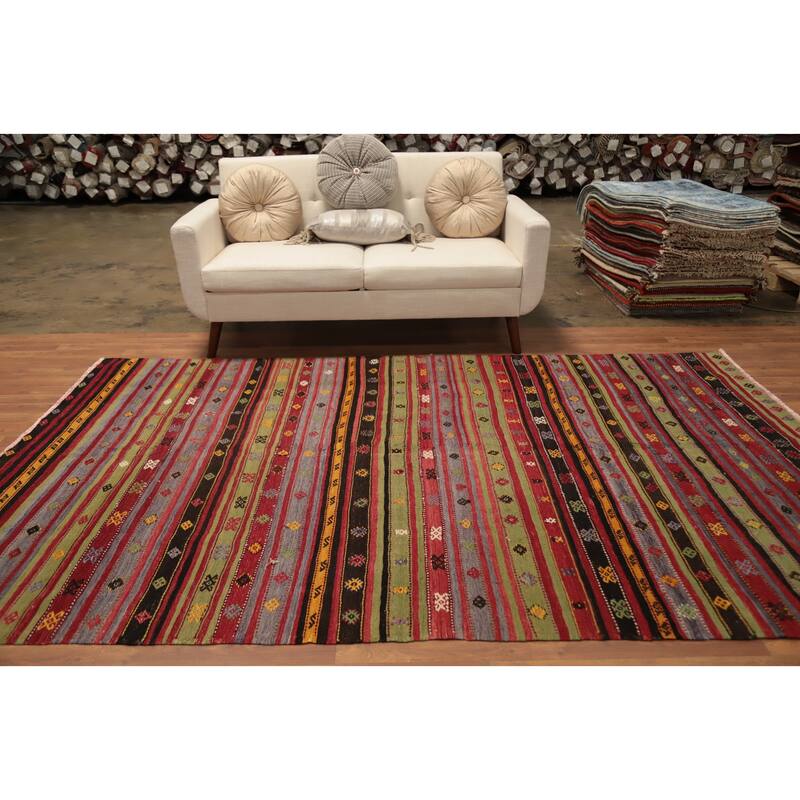 Hand Woven Oriental 100% Wool Carpet Southwestern Tribal Multi-Colored Kilim Area Rug - 9' 7'' X 5' 11''