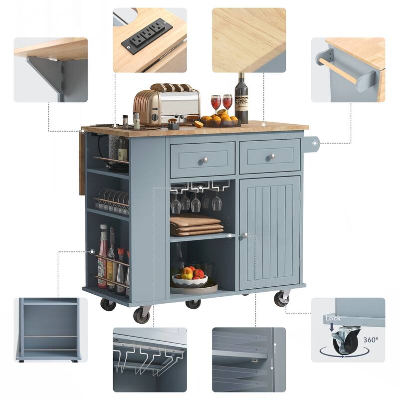 Kitchen Island with Power Outlet,Kitchen Storage Island with Drop Leaf and Rubber Wood,Open Storage and Wine Rack