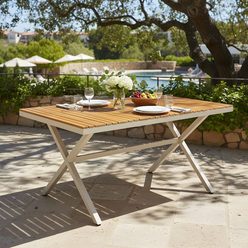 Christopher Knight Home Thalric Patio Acacia Wood Top and Steel Frame Rectangular Dining Table