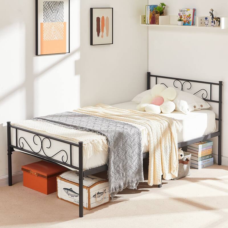 VECELO Kids Bed Frame Set of 2, Metal Bed Frame with Headboard, Twin Size Platform Bed