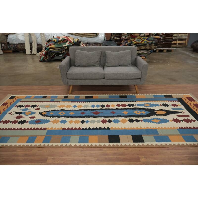 Hand Woven Oriental 100% Wool Carpet Southwestern Tribal Beige & Ivories Kilim Area Rug - 12' 0'' X 5' 0''